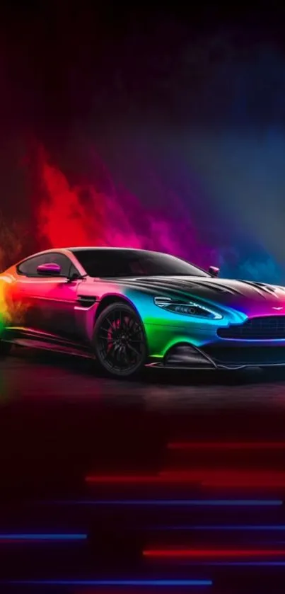 Vibrant sports car with colorful lights on a black background.