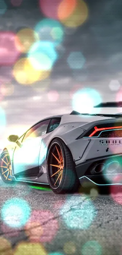 Sleek sports car with colorful bokeh lights and a modern design.