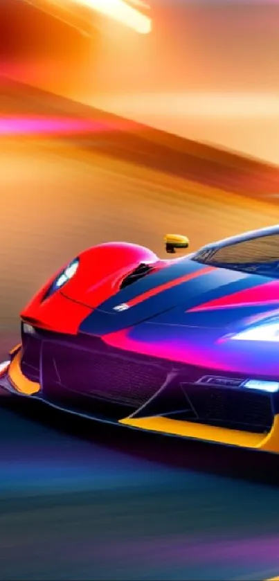 Vibrant sports car speeding in a dynamic race scene with orange background.