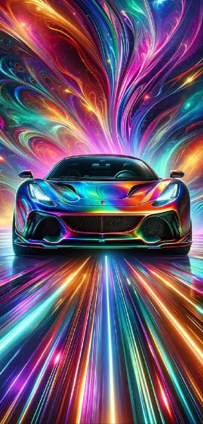 Colorful sports car with psychedelic background as mobile wallpaper.