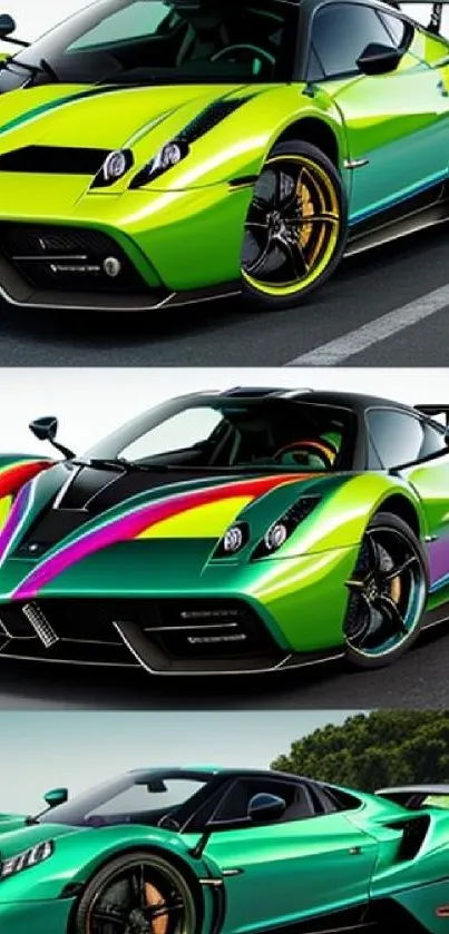 Vibrant green and colorful supercars on display.