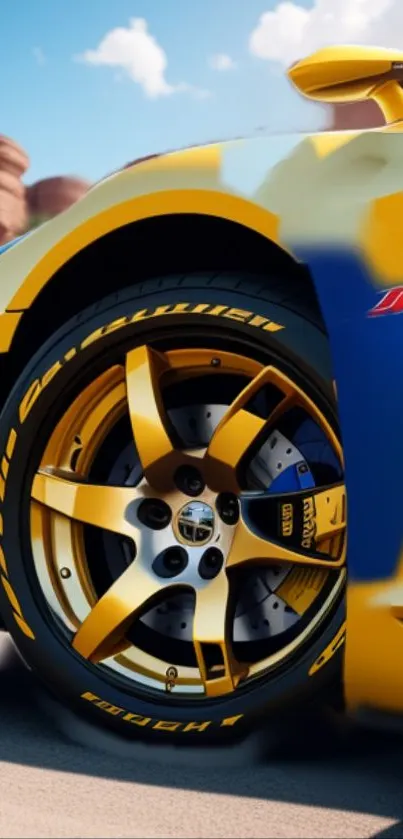 Close-up of a vibrant yellow car wheel against a scenic background.