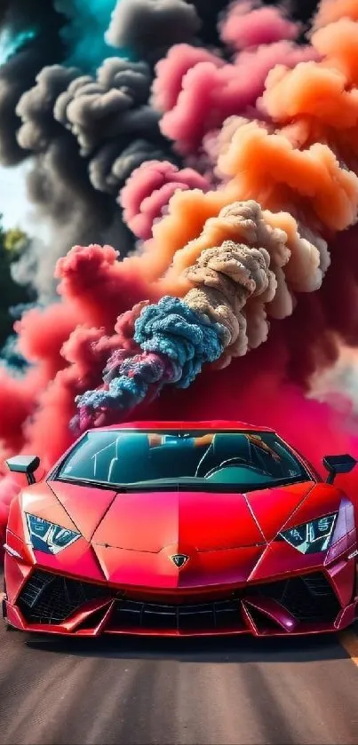 Red sports car with vibrant smoke trail.