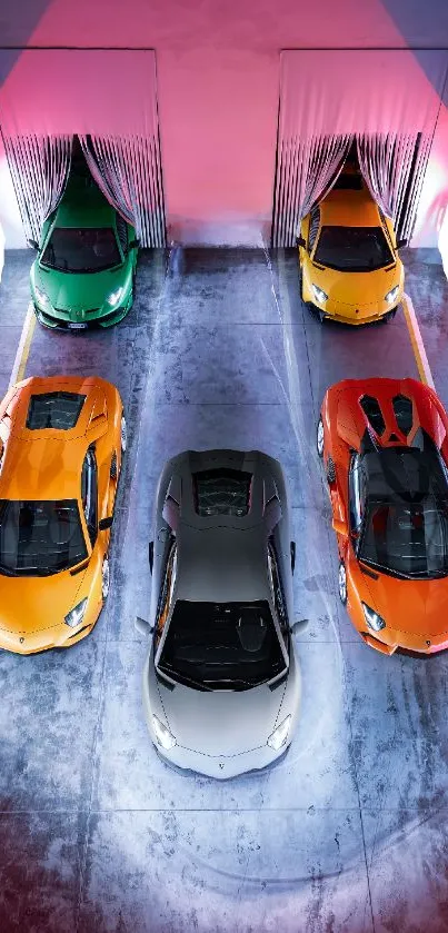 Vibrant sports cars arranged in a sleek garage setting with colorful lighting.