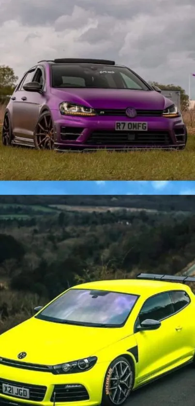 Vibrant wallpaper featuring purple and yellow sports cars.