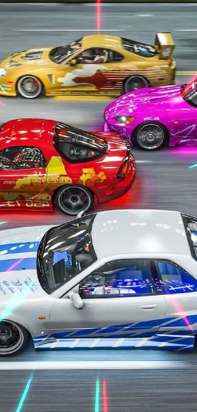 Colorful sports cars racing in a dynamic street scene.