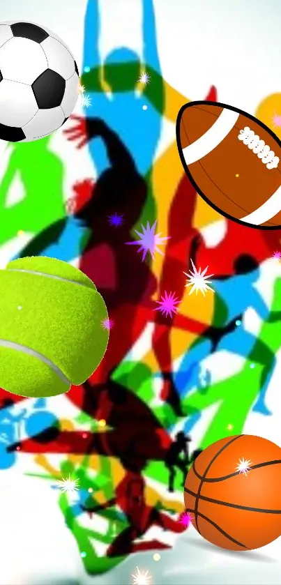 Colorful sports silhouettes with diverse balls in a vibrant mobile wallpaper.