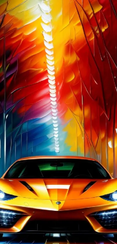 Vibrant sports car with colorful abstract background.