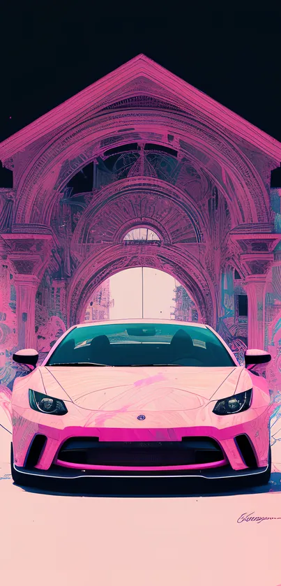 Vibrant pink sportscar with artistic backdrop.