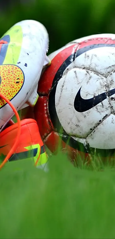 Soccer ball and football boot on green grass showcasing vibrant colors.