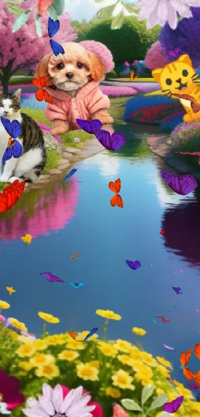 Cute animals in a colorful garden by a river under blue sky.