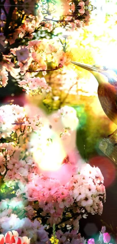 Vibrant spring scene with bird and cherry blossoms.