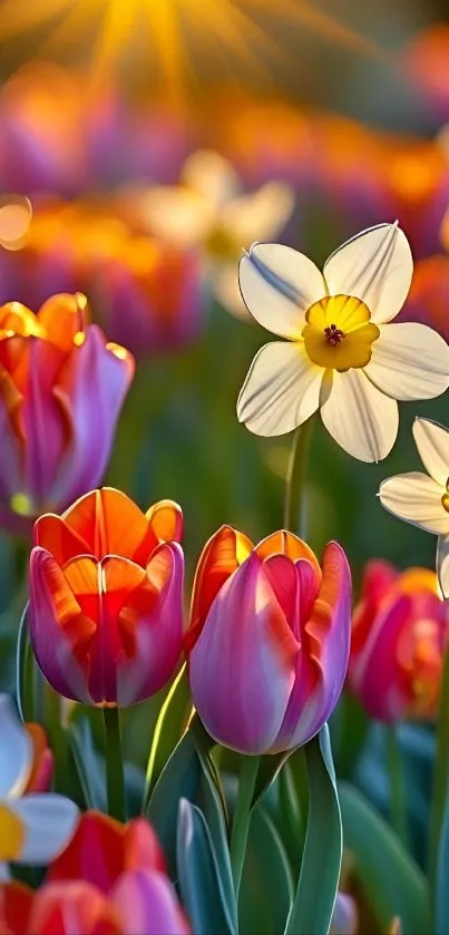 Bright tulips and daffodils in spring garden wallpaper.