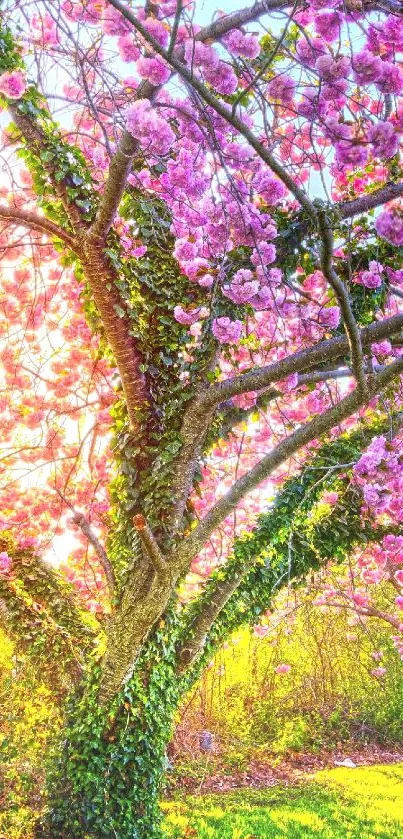 Beautiful pink blossoms under sunlit sky, perfect for spring wallpaper.