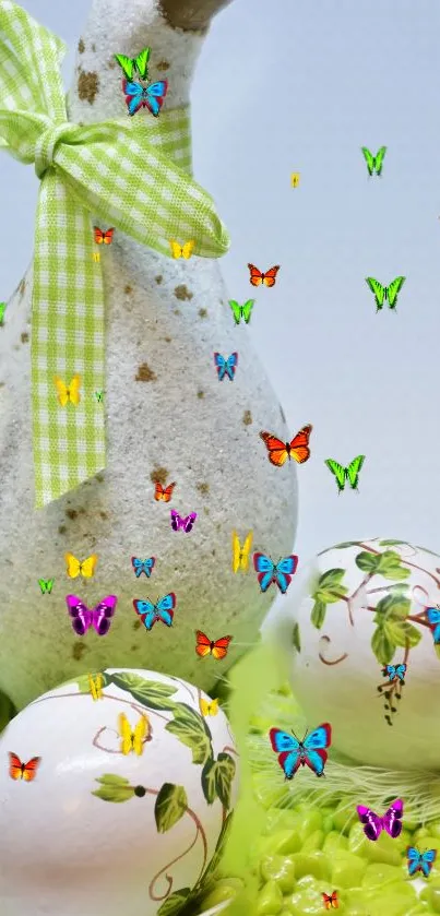 Decorative goose and Easter eggs with colorful butterflies.