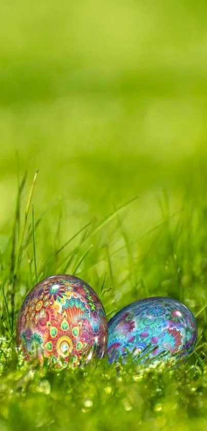 Colorful Easter eggs on green grass.