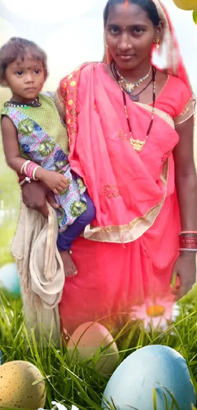 Woman and child in vibrant spring setting with colorful eggs.