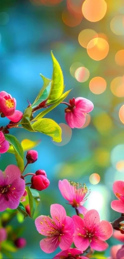Pink blossoms with colorful bokeh background in vibrant spring setting.