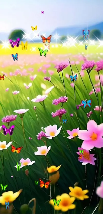 Vibrant spring field with pink and yellow flowers in a lush green meadow.