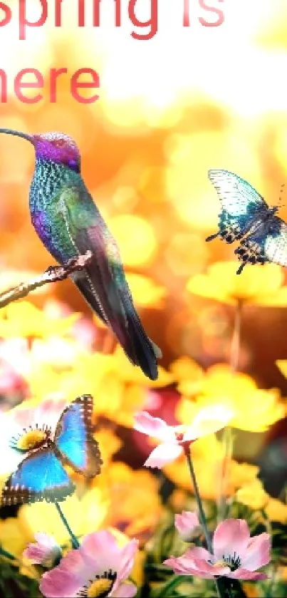 Spring scene with flowers and a hummingbird basking in sunlight.