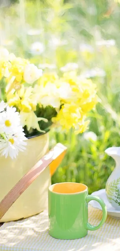 Spring floral wallpaper with daisies in a yellow pot on a picnic table.