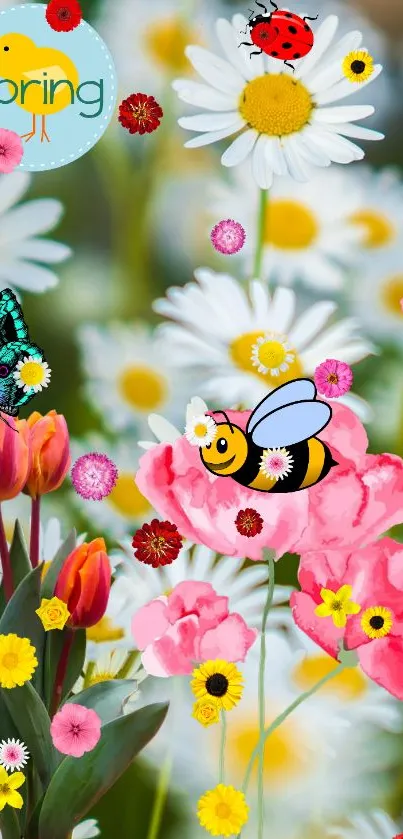 Vibrant spring floral wallpaper with bees and butterflies.