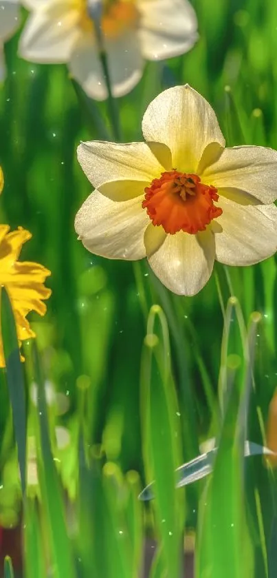 Vibrant daffodils and green grass wallpaper.