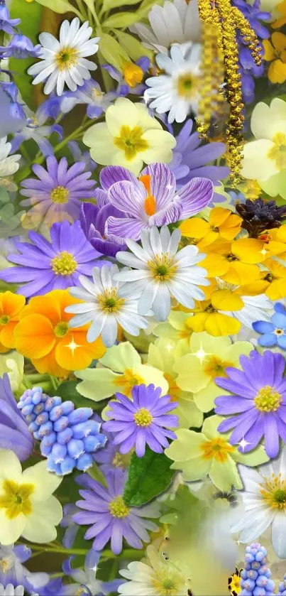 Vibrant spring flowers in purple, yellow, and white hues fill the wallpaper.