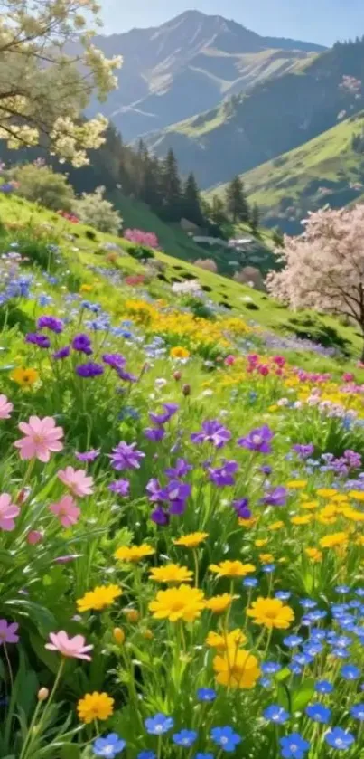 Colorful spring flower meadow with mountains in background.