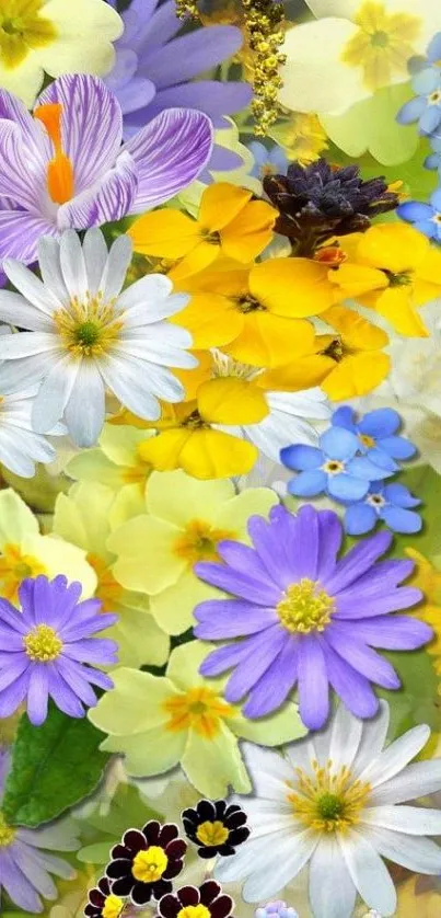 Colorful spring flower wallpaper with yellow, purple, and white blossoms.