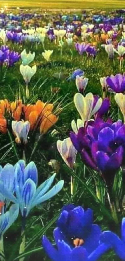 Purple and white crocuses in a vibrant spring field at sunset.