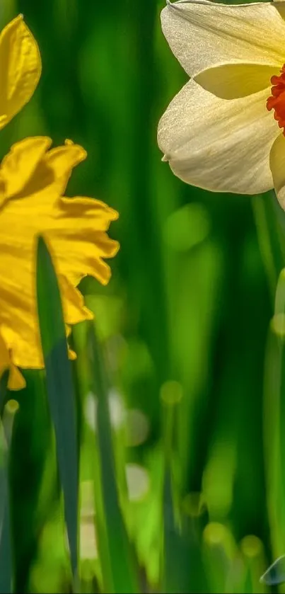 Vibrant mobile wallpaper with yellow and white spring flowers and green background.