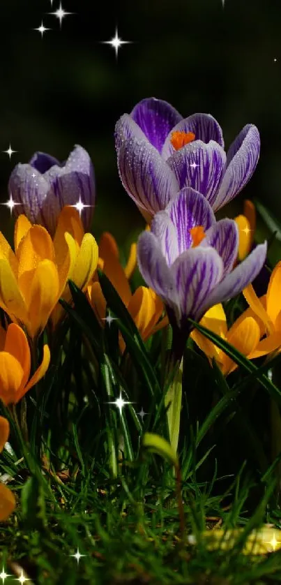 Vibrant spring flowers with lush green grass.