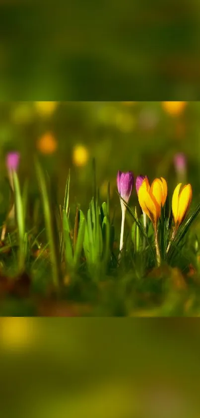 Vibrant spring flowers in a green meadow mobile wallpaper.