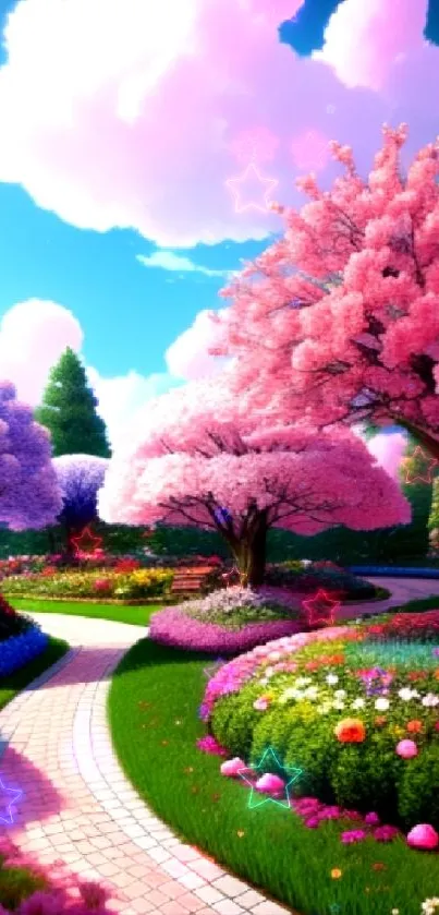 A vibrant spring garden with pink blossom trees and a winding pathway.