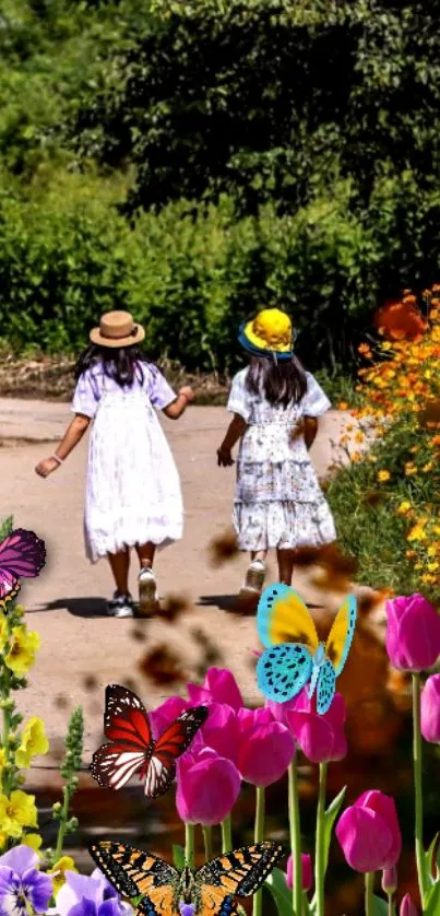 Two kids in hats walk through a vibrant garden scene with flowers and butterflies.