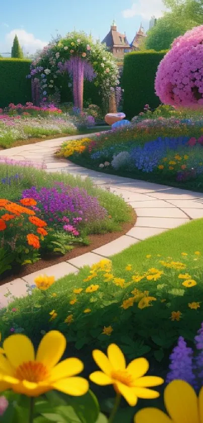 Vibrant spring garden with colorful flowers and lush greenery.