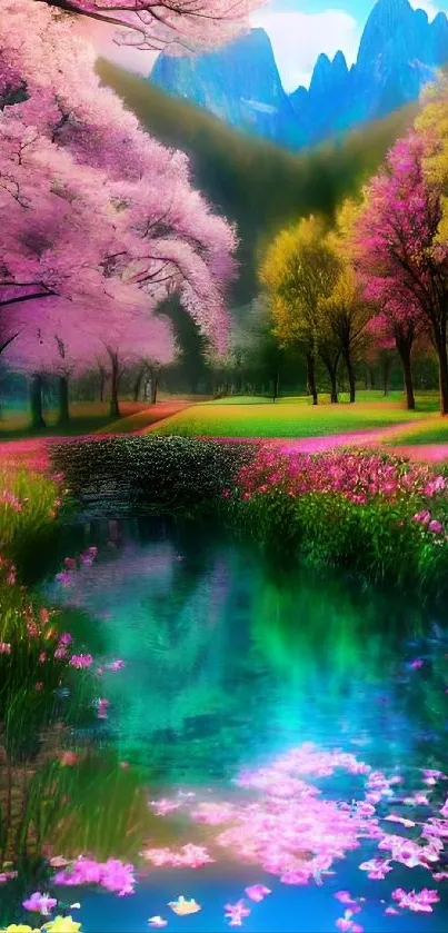 Vibrant landscape with cherry blossoms by a tranquil stream.