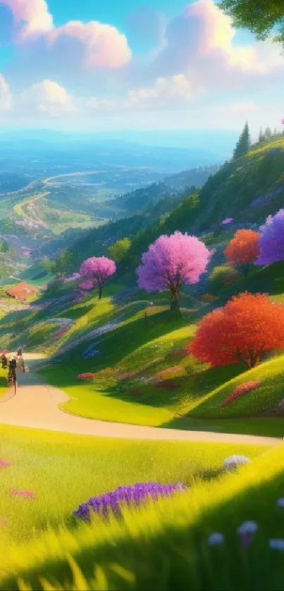 Colorful landscape with blooming trees and vibrant hills under a bright sky.