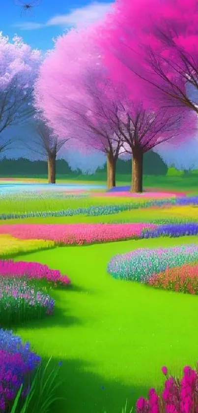Colorful spring landscape with pink trees and green meadow.