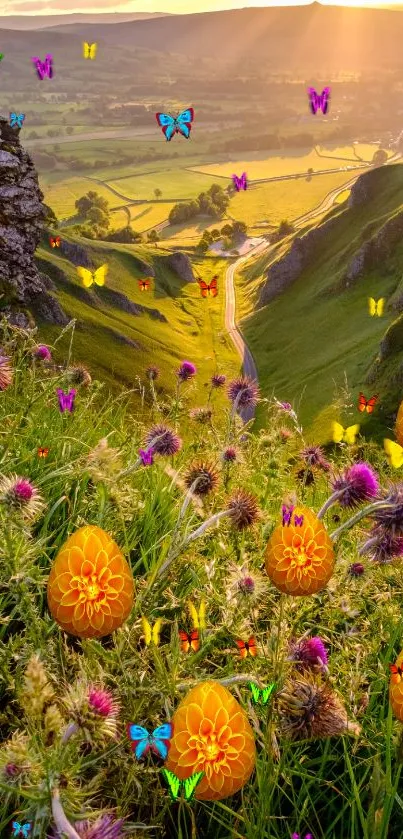 Sunlit meadow with flowers and butterflies in vivid colors.