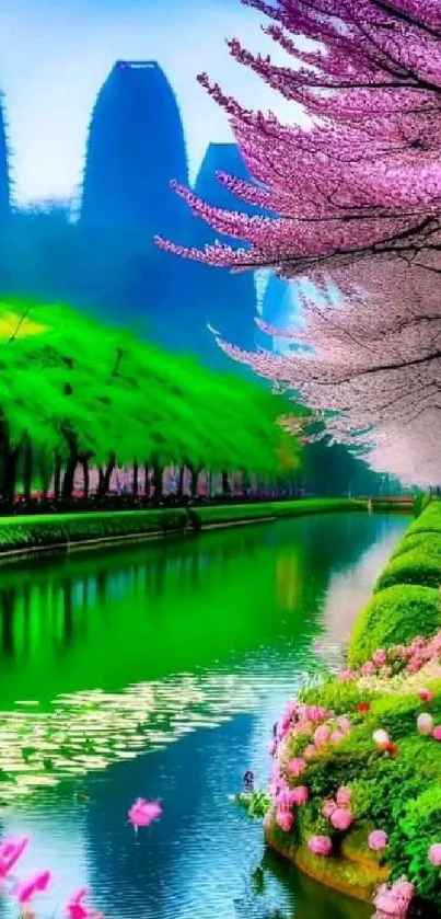 Vibrant spring wallpaper with cherry blossoms and a green river.