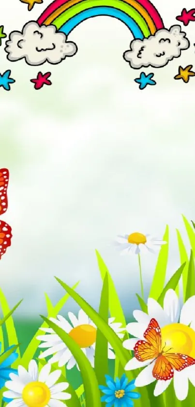 Vibrant spring wallpaper with butterflies, flowers, and a rainbow.