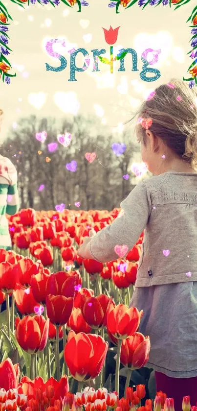 Children play in vibrant tulip fields surrounded by spring decorations.