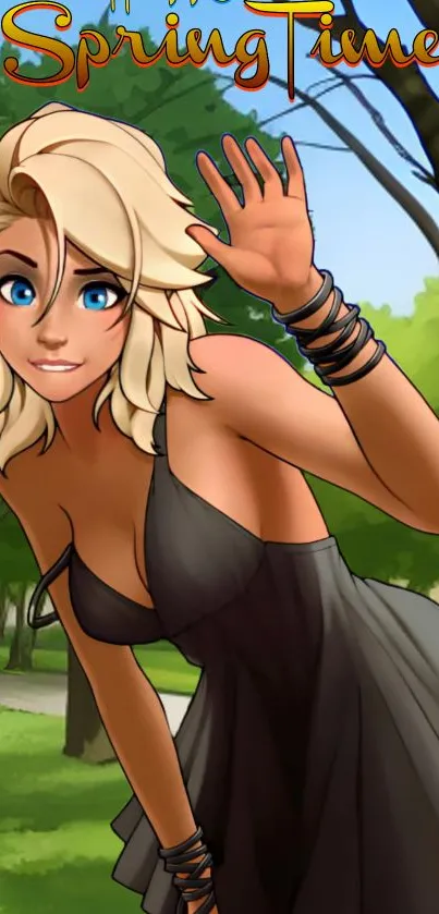 Anime character in a spring park, waving cheerfully in a vibrant setting.