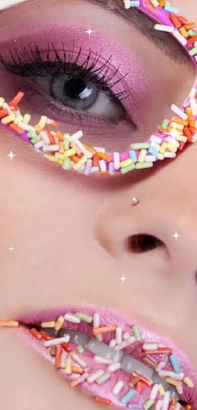 Close-up of colorful sprinkles on lips and eyes, creating artistic design.