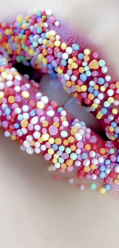 Close-up of lips with colorful sprinkle decoration.