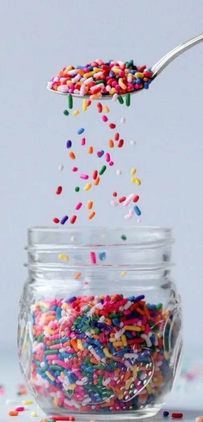 A spoon drops colorful sprinkles into a glass jar against a light blue background.