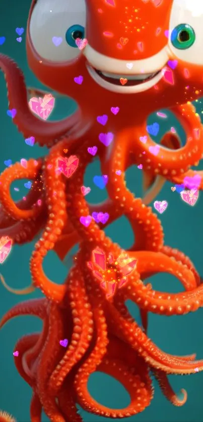 Colorful animated squid with floating hearts.