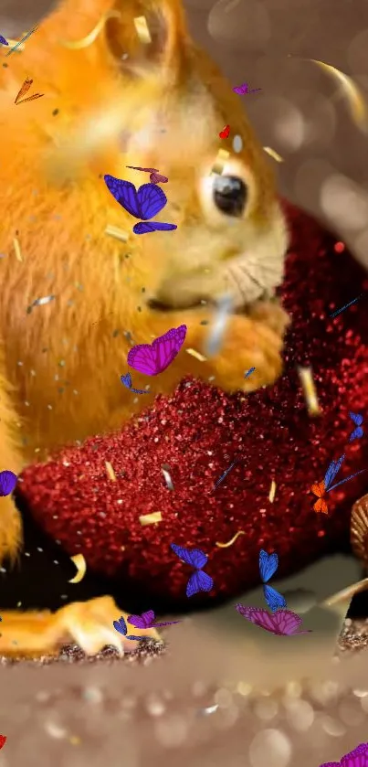 Squirrel with festive decorations and colorful butterflies.